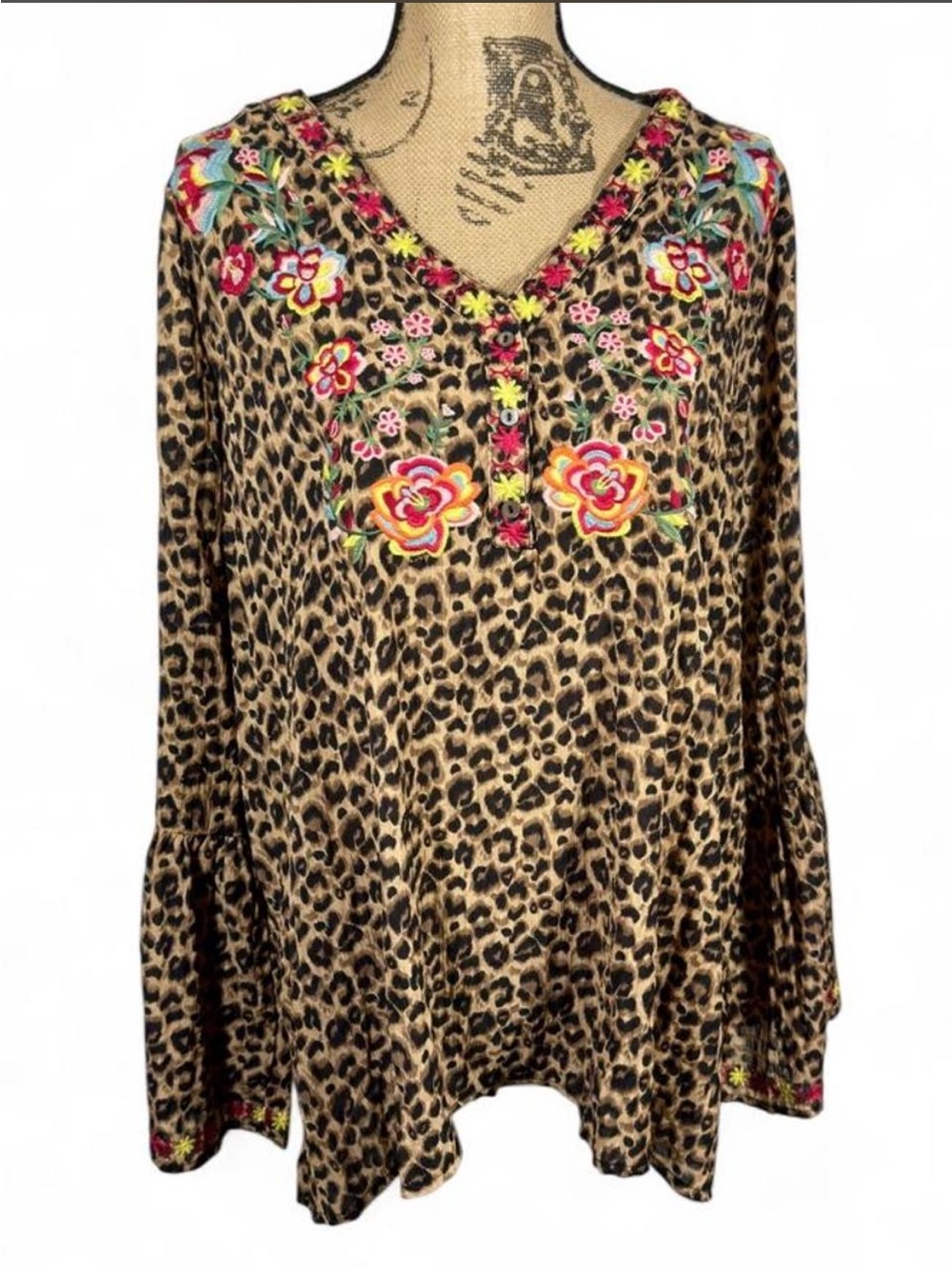 ODDI Leopard Floral Embroidered Tunic Top XL Bell Sleeve Boho Western